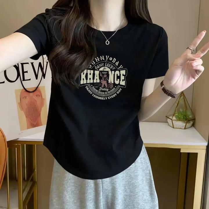 不规则圆弧下摆短袖T恤女士夏季ins潮纯欲风辣妹修身显瘦印花上衣