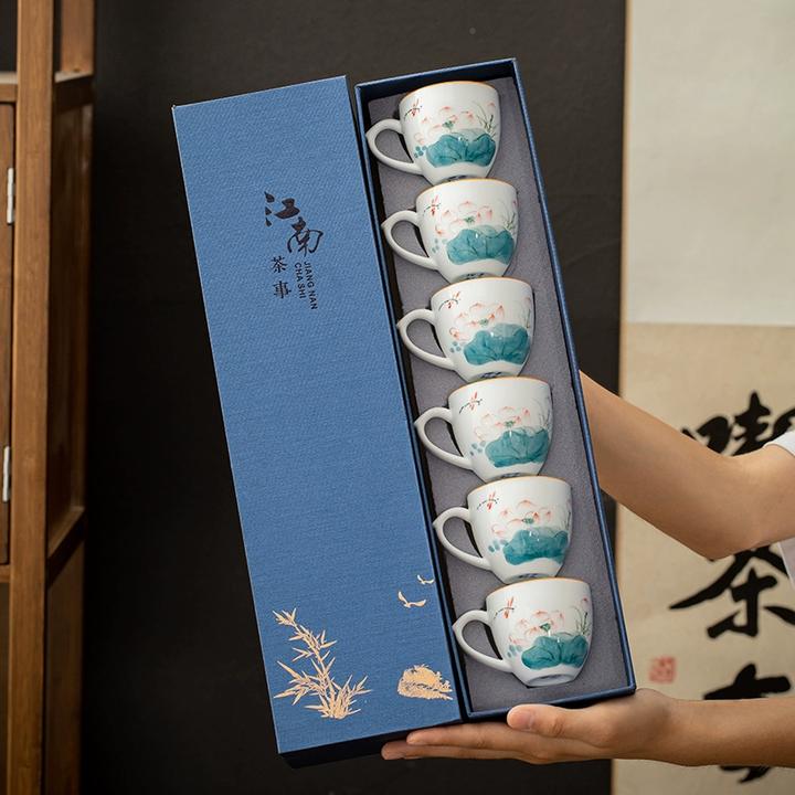 家用釉下彩陶瓷泡茶杯功夫茶具手绘小茶杯防烫带把茶盏6杯礼盒装