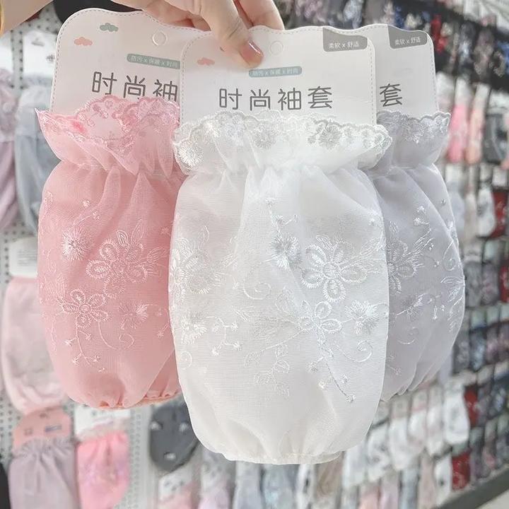 新款袖套女办公室上班工作短护袖冬季羽绒服白色透明蕾丝套袖A239