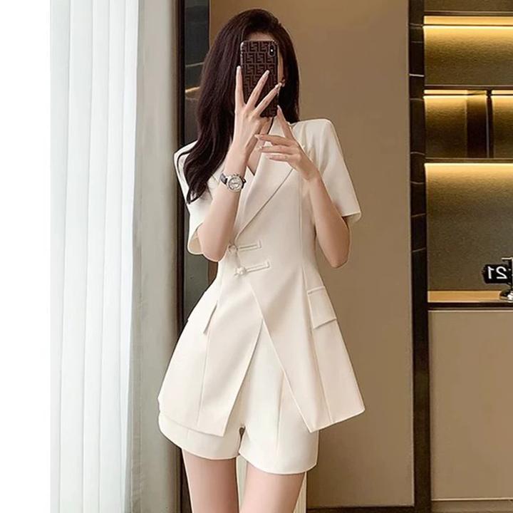 新中式国风盘扣西装上衣高腰短裤两件套夏季大码女装干练气质套装