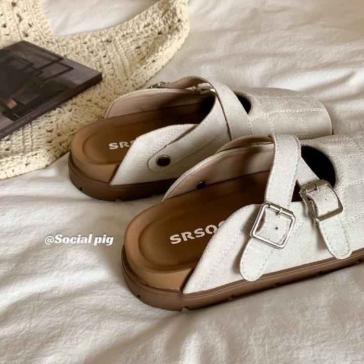 学院风女孩~复古交叉带厚底包头半拖鞋外穿春夏新款一脚蹬勃肯鞋