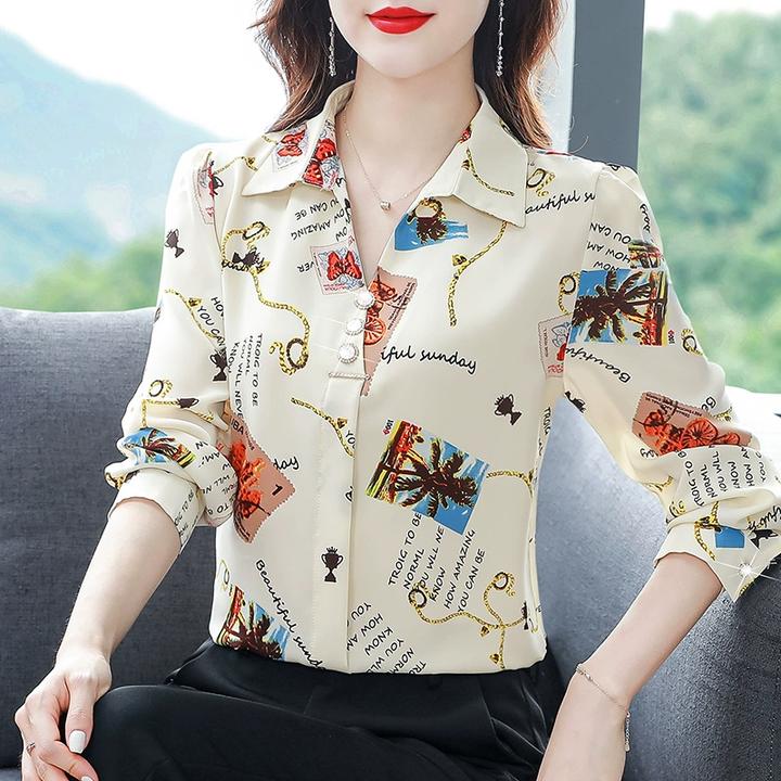 妈妈气质时髦春装印花长袖时尚雪纺衬衫女士春季宽松休闲冰丝上衣