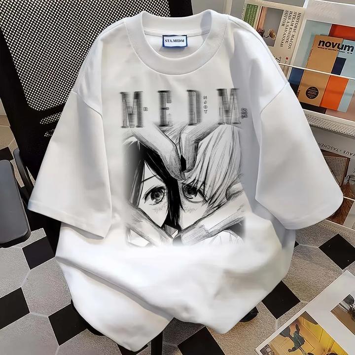 日系重磅美式设计感男复古情侣人像印花宽松休闲百搭短袖T恤上衣
