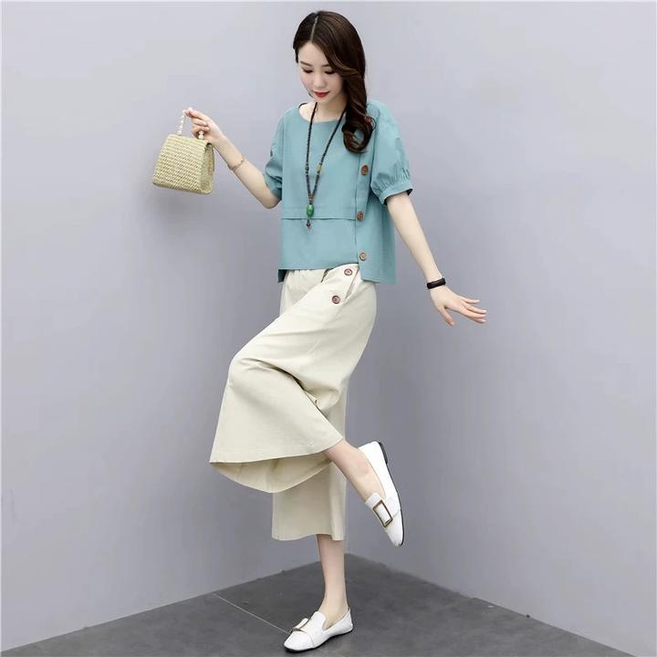 棉麻阔腿裤套装女装夏装2025年新款显瘦洋气时尚休闲亚麻两件套潮