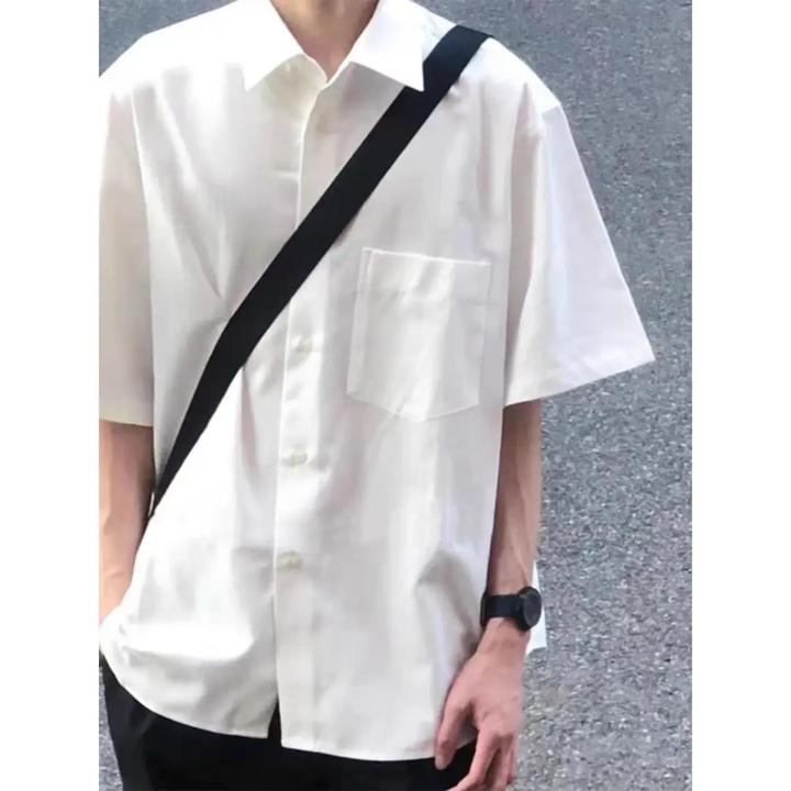 夏季少年感穿搭白色短袖衬衫男痞帅高级感日系衬衣宽松休闲外套
