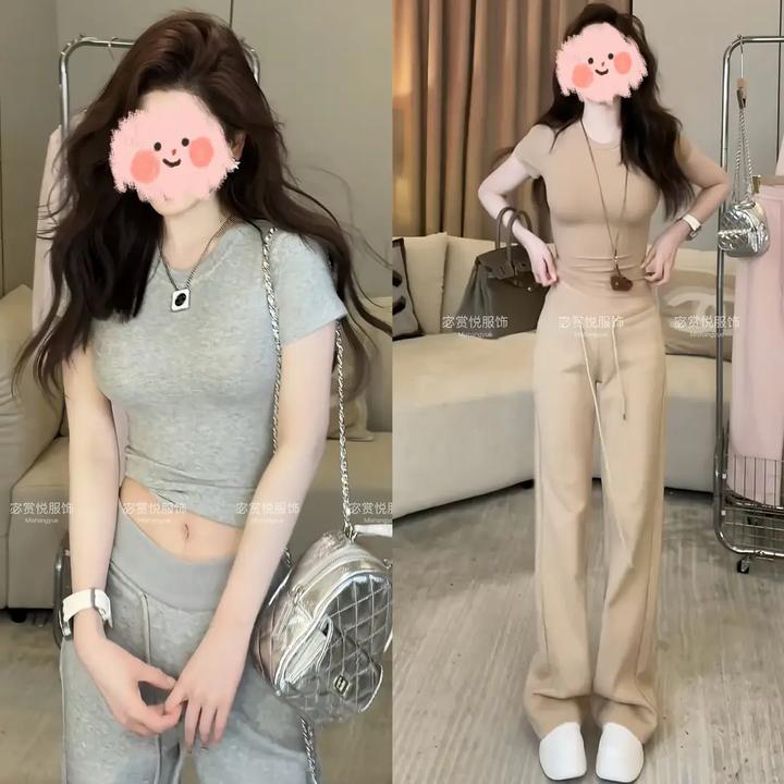 纯欲风辣妹气质纯色短袖上衣阔腿裤女装2025夏季新款休闲运动套装