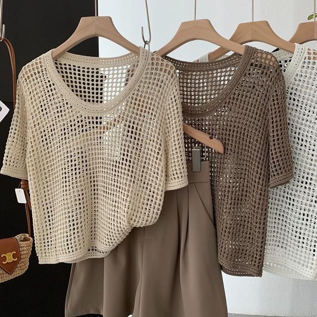 2024夏季镂空薄款短袖女韩版设计感洞洞衫宽松罩衫圆领针织上衣潮