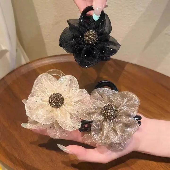 头饰网纱水钻花朵太阳花抓夹(8厘米)马尾丸子头抓夹气质百搭发饰