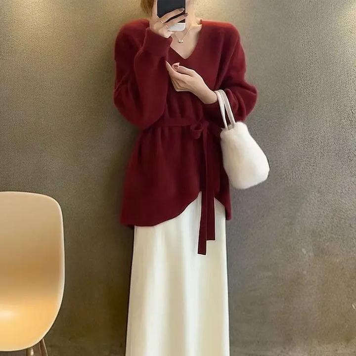 秋冬韩版气质慵懒不规则系带v领腰带毛衣针织衫秋冬上衣显瘦穿搭