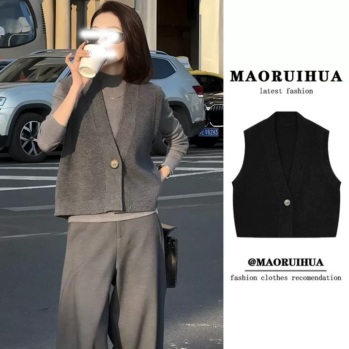 慵懒风V领针织衫马甲开衫女秋冬款宽松显瘦叠穿无袖背心坎肩上衣