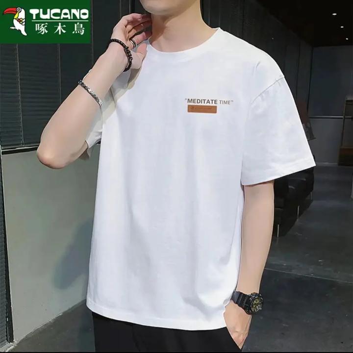 啄木鸟夏季男士纯棉重磅短袖T恤男宽松圆领潮流潮款男士休闲短袖
