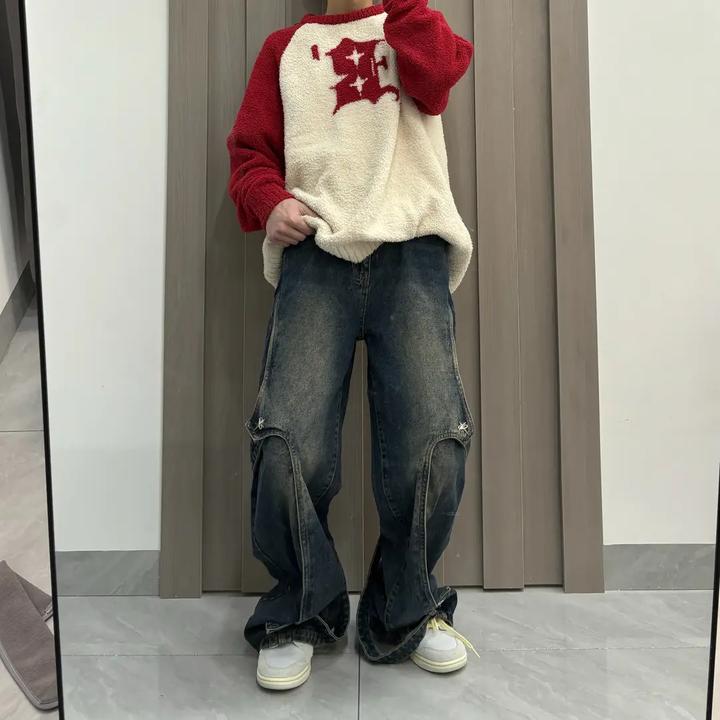 高街vibe风做旧水洗拼接牛仔裤男ins美式金属设计感宽松直筒裤子