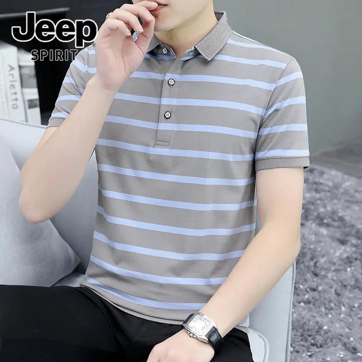 JEEPSPIRIT吉普条纹polo衫男士短袖T恤夏季薄款宽松翻领冰丝T恤衫