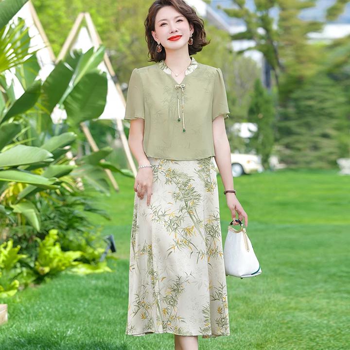 新中式妈妈夏装连衣裙洋气时尚假两件裙子中老年女装短袖仿真丝裙