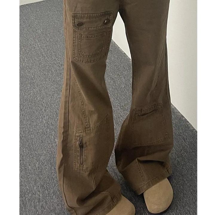 2024秋冬新款卡其色工装牛仔裤男女不贴腿微喇裤多口袋拖地长裤子