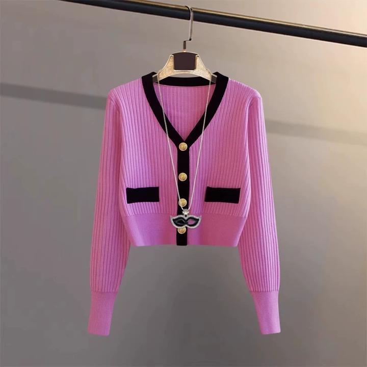 潮牌复古撞色领针织外套女春秋2025年新款时尚短款拼色开衫上衣