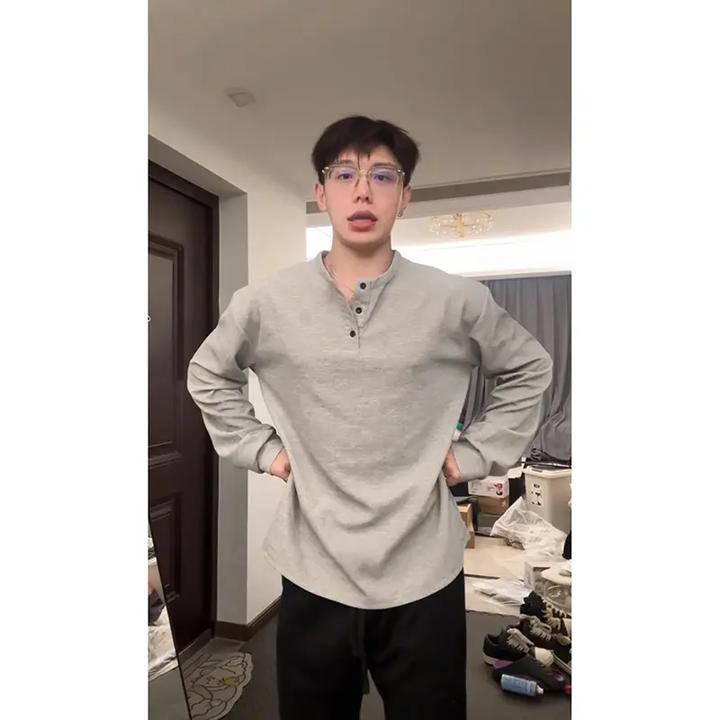 斌子同款亨利领长袖T恤男秋冬美式复古加绒卫衣polo领内搭打底衫