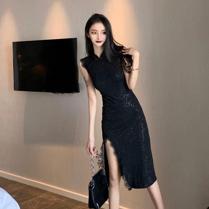 名媛复古港风女装蕾丝花边修身显瘦性感开叉旗袍改良版连衣裙黑色