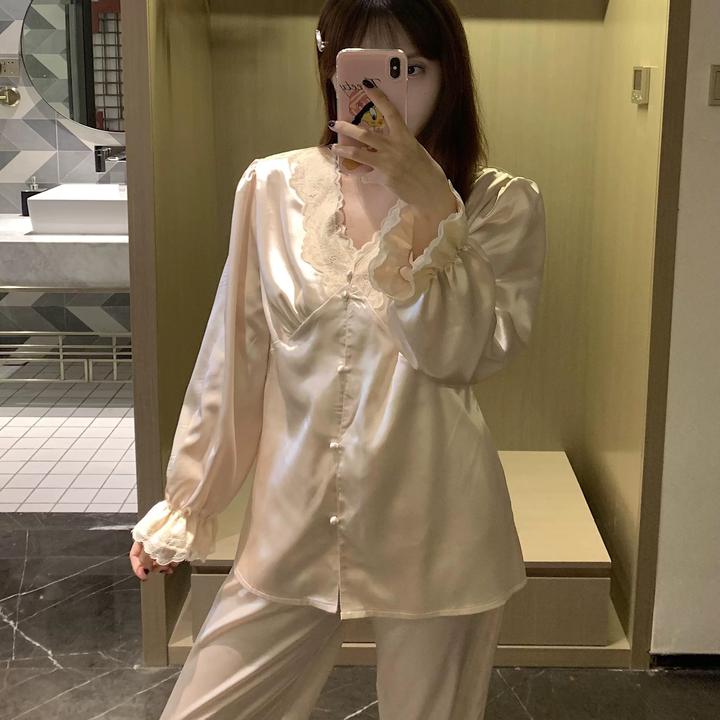 大码高级感冰丝睡衣女款春秋季2025新款纯欲风长袖蕾丝家居服秋天