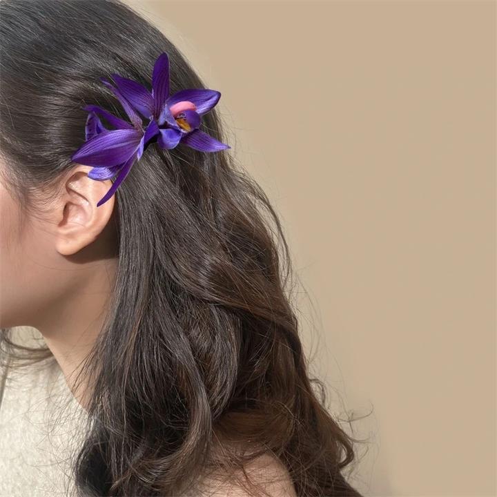 紫色蕙兰唯美花朵发夹高颜值侧边夹拍照头饰日韩风非属材质无镀