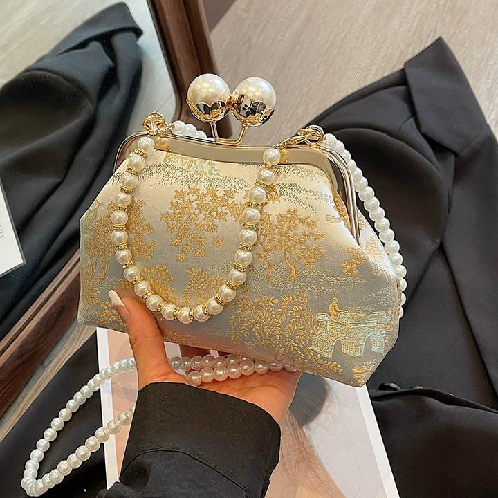 新中式国风刺绣包包女2024新款珍珠链条斜挎包超火小众手提小拎包