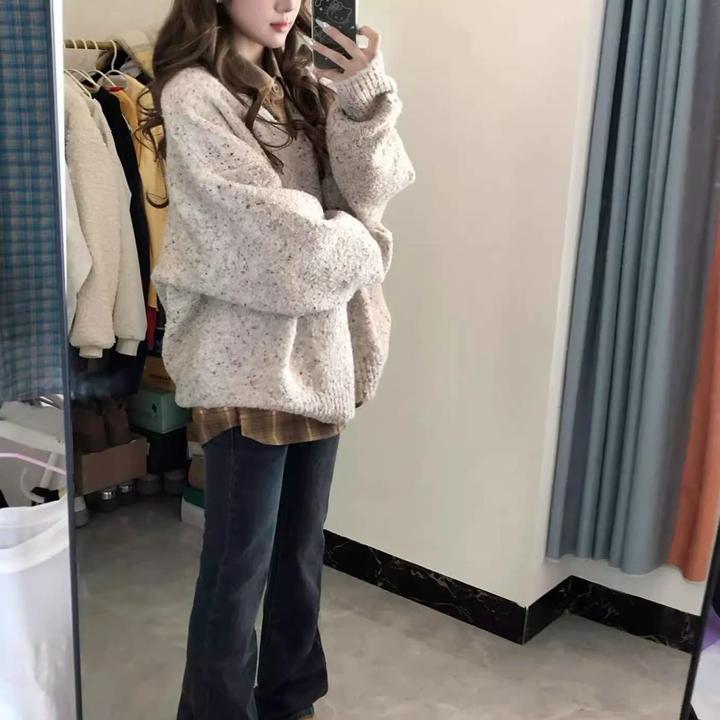 加绒美式复古v领慵懒风连帽百搭女秋冬冬季针织衫杂色感加厚上衣