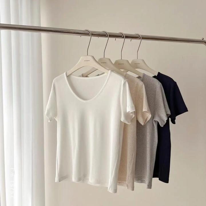 莫代尔白色U领短袖T恤女2025新款夏季宽松休闲简约慵懒风显瘦上衣