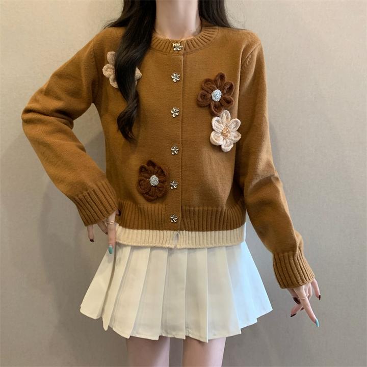 【新年穿搭】微胖妹妹大码立体花朵长袖针织开衫女春季别致短款上衣