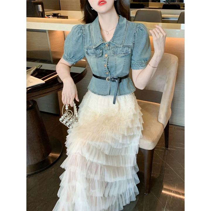 时尚两件套套装裙女夏季2025新款洋气牛仔上衣+A字蛋糕裙半身裙子