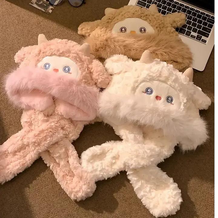 小绵羊帽毛绒帽子女童冬季新款防寒保暖围巾一体款护耳帽t