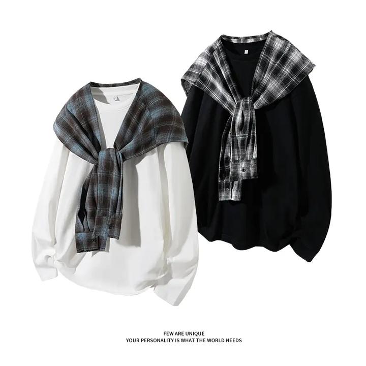 纯棉长袖T恤男女高街拼接格子披肩短袖秋季高级感圆领痞帅上衣服