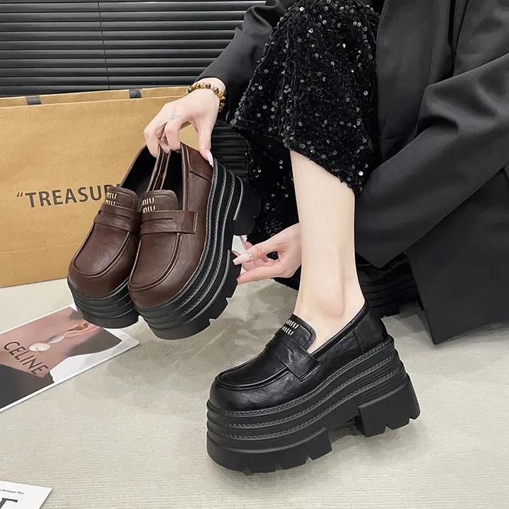 欧货10cm增高乐福鞋女2025春秋季新款小个子厚底松糕一脚蹬小皮鞋