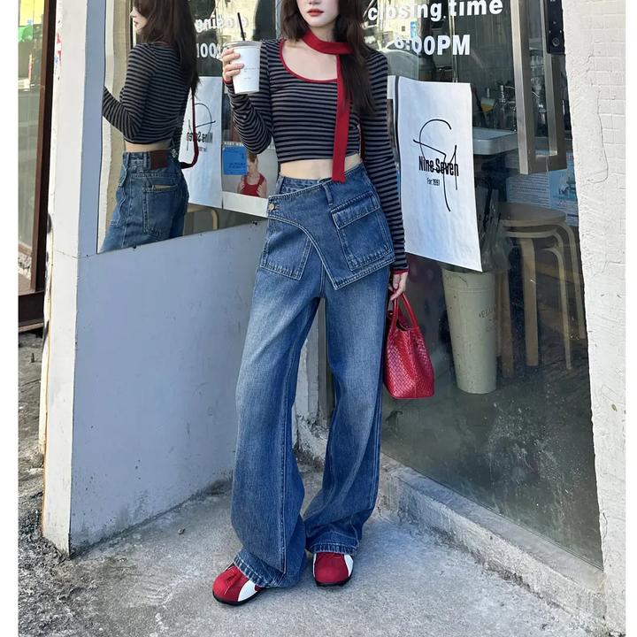 复古蓝高腰阔腿百搭休闲显瘦加绒牛仔裤女款2025新款爆款冬季保暖