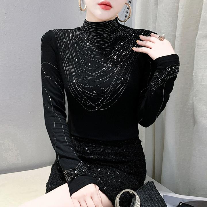 高领打底衫女秋冬新款加绒保暖内搭上衣重工烫钻长袖T恤洋气小衫