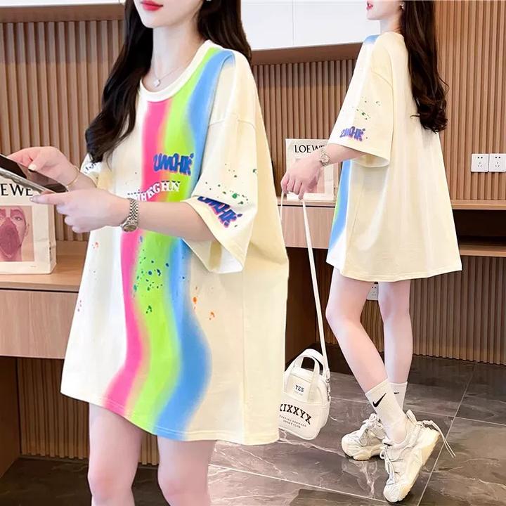 大码女装胖mm纯棉短袖t恤女夏季2025新款中长款宽松彩色渐变上衣