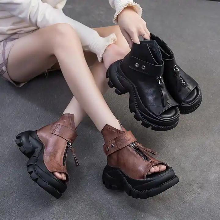 头层牛皮松糕厚底高帮鱼嘴凉靴女2025夏季新款复古露趾罗马凉鞋子