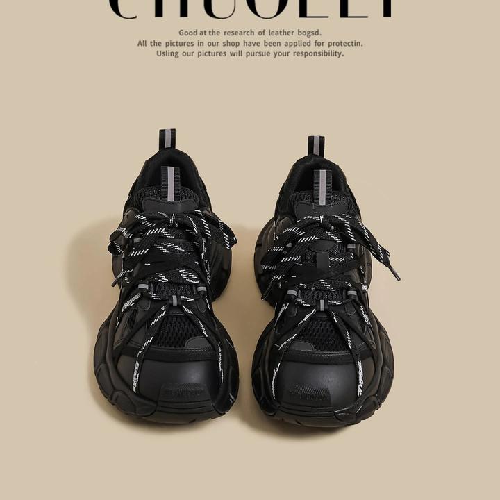 2025秋季新款厚底老爹鞋女黑色网面交叉绑带鞋子女款爆款2025新款