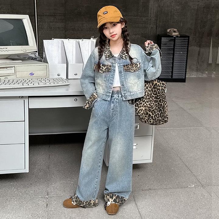 女童牛仔套装2025春秋新款大童网红时髦炸街休闲豹纹阔腿裤两件套