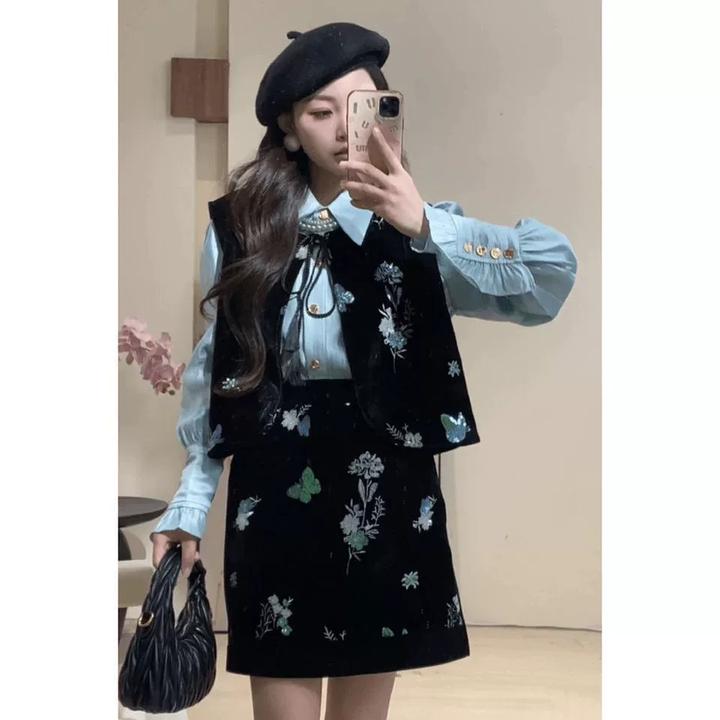 大码胖妹妹通勤丝质长袖衬衫亮片蝴蝶无袖马甲半裙三件套装女秋季