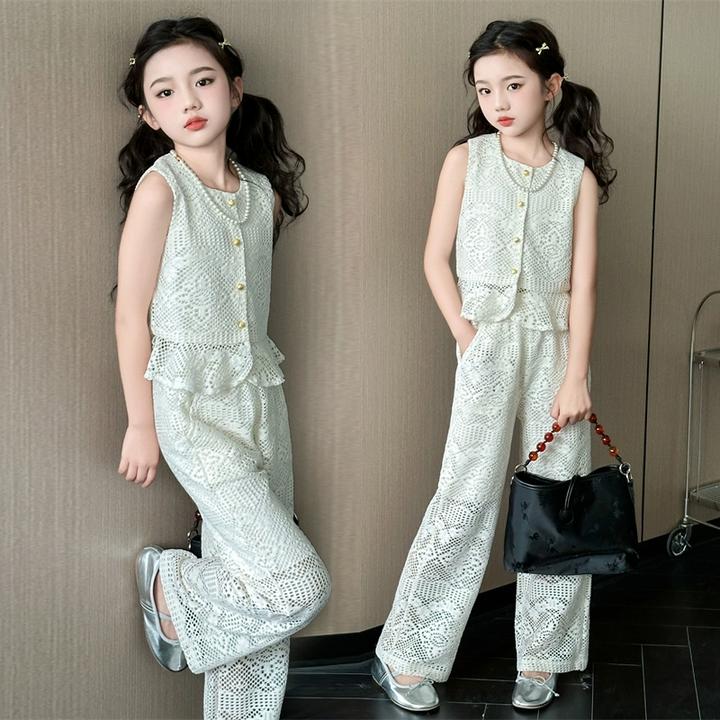 女童夏季套装2025新款蕾丝钩花马甲无袖上衣女孩儿童阔腿裤两件套