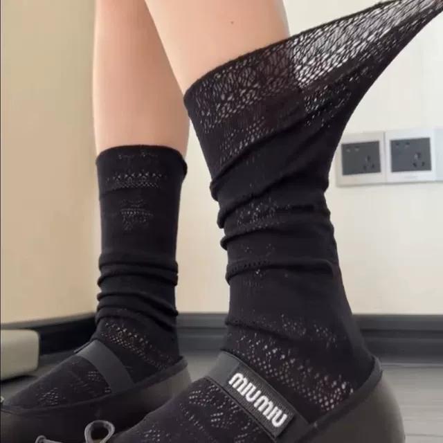 夏季薄款色缕空微透袜子女高筒袜及膝蕾丝小腿堆堆袜夜店显瘦袜