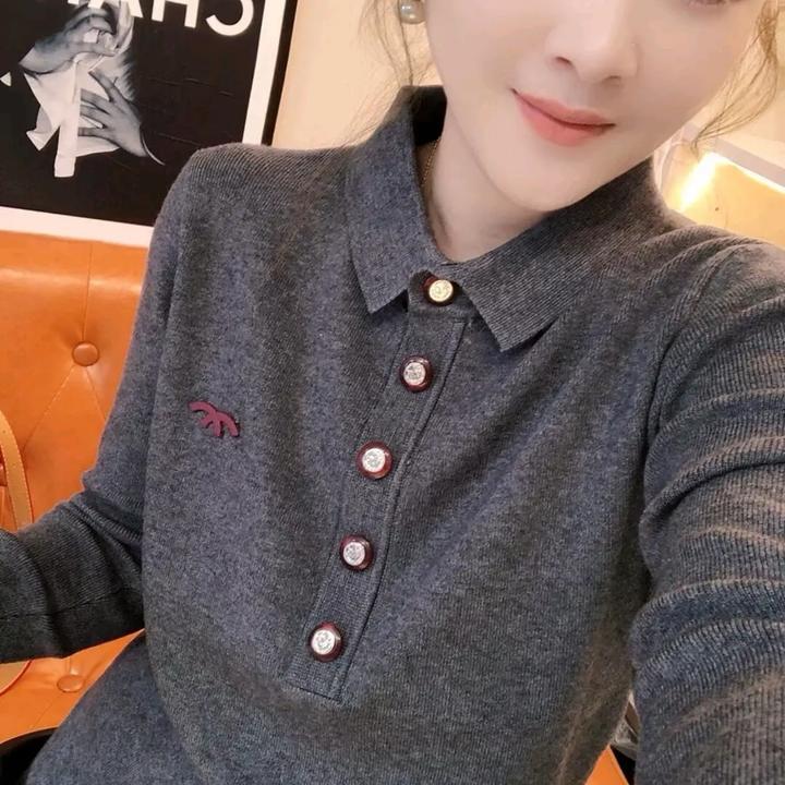 韩系时尚Polo领长袖拼接秋冬复古设计感修身显瘦针织上衣