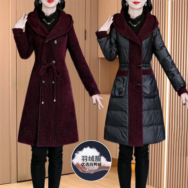 羽绒内胆中长款连帽双面穿毛呢外套女小个子妈妈修身显瘦保暖大衣