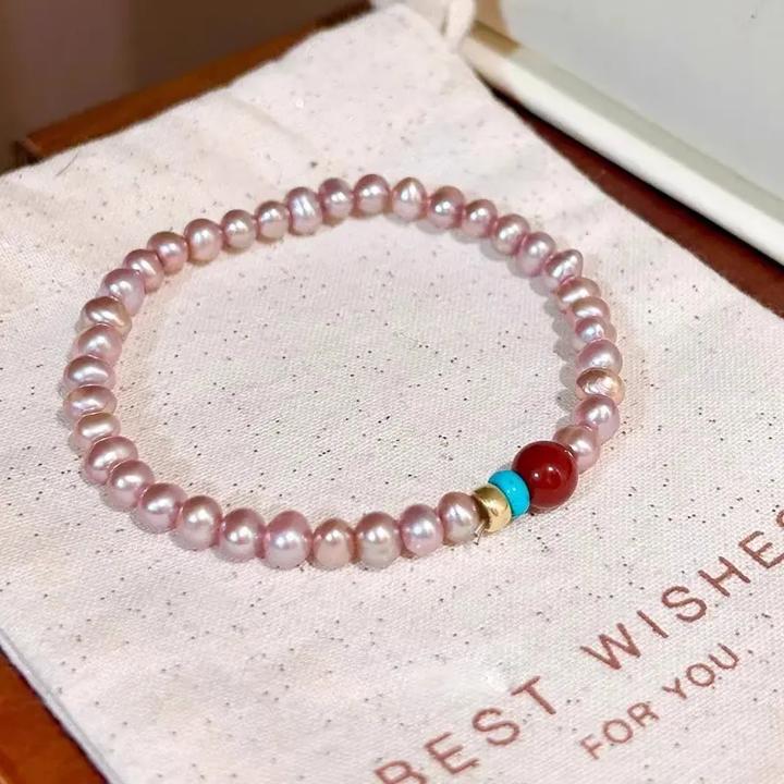 铜合金手链 【海韵之珠】diy串珠粉色手串女轻奢手链简约风气质