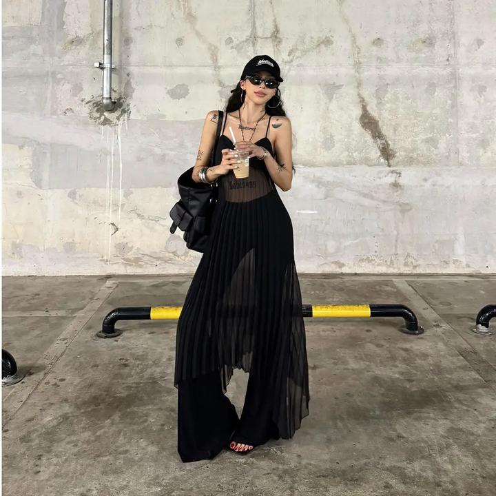 性感黑色吊带网纱拼接吊带裙女夏韩系高级感时尚百搭喇叭裤两件套