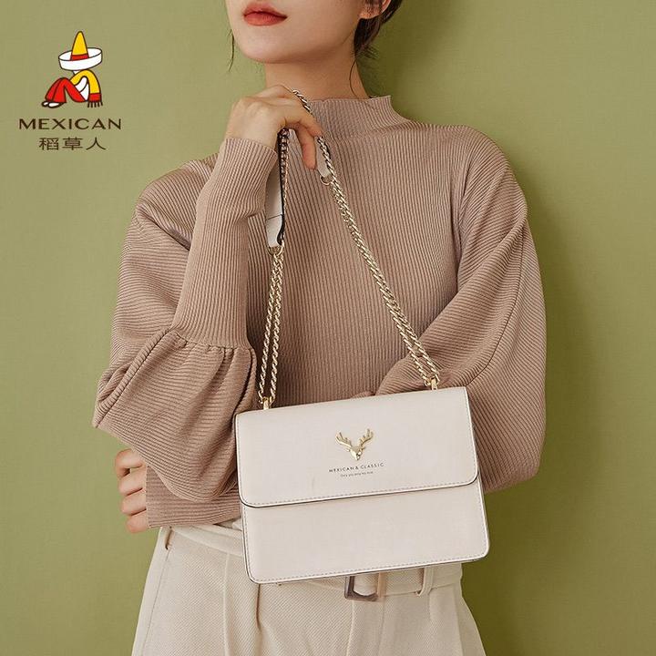 稻草人女包2025新款牛皮潮时尚女爆款单肩斜挎包女百搭链条小方包