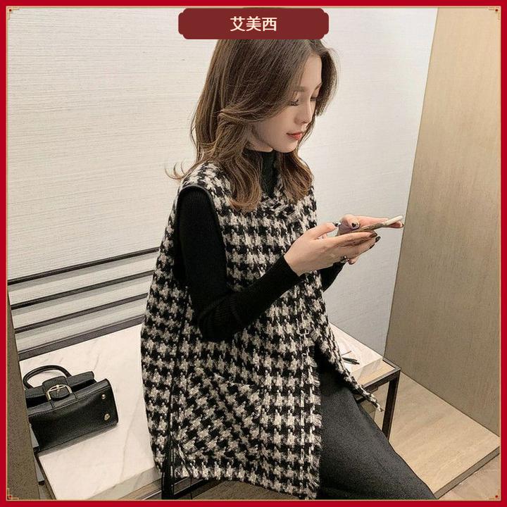 III小香风千鸟格马甲女春秋装2024年新款潮宽松显瘦休闲马夹背III