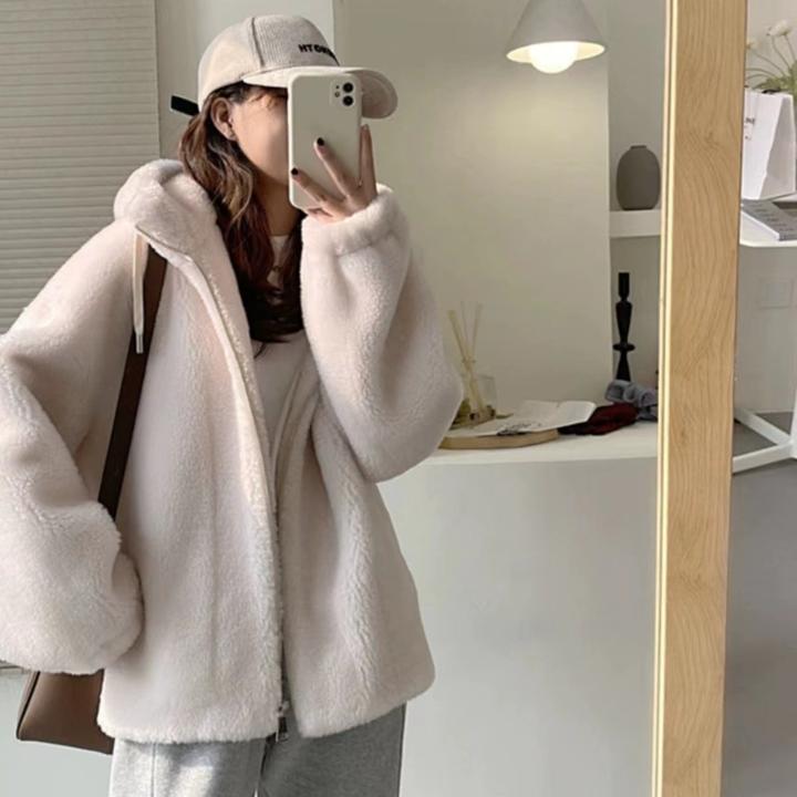 连帽韩版时尚宽松百搭加厚保暖秋冬休闲网红短款毛绒渐变丁达尔风