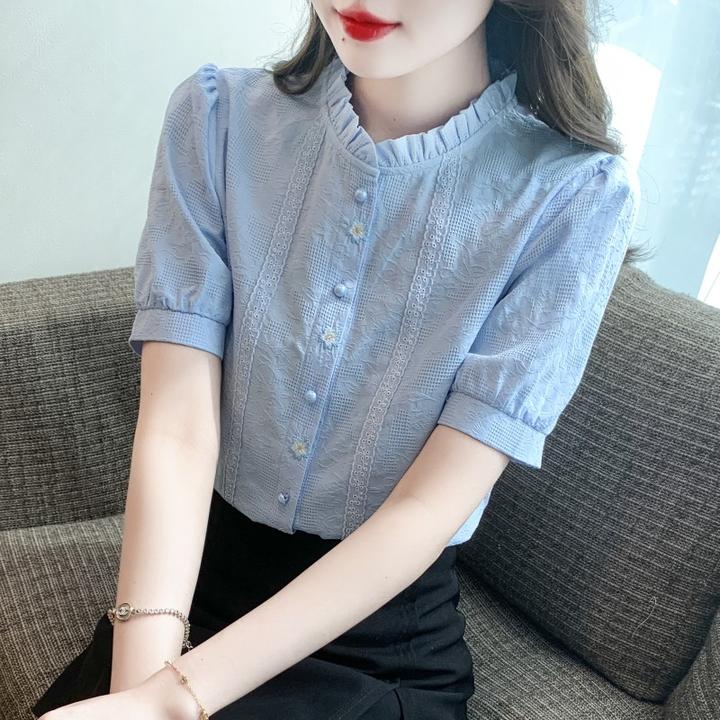 夏季2025年新款女装时尚薄款纯棉衬衫女洋气全棉提花立领上衣短袖