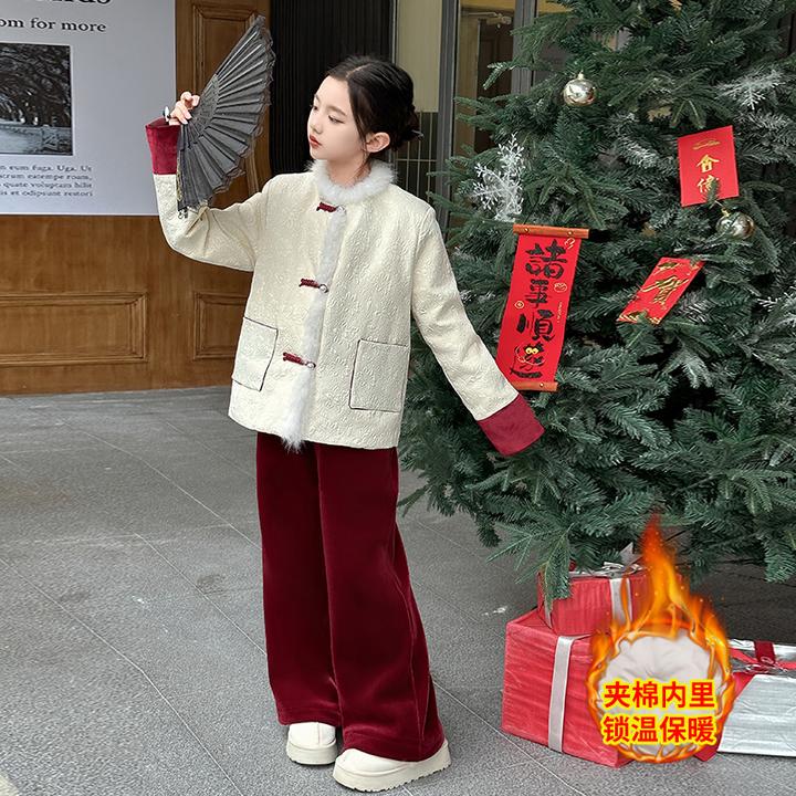 女童冬款夹棉加厚拜年服外套加绒裤子套装中大童女孩洋气儿童冬装